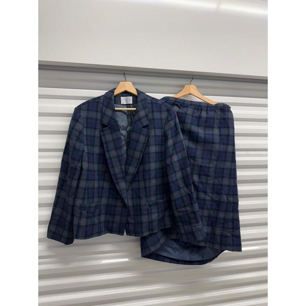 Pendleton Womens Baird Tartan Plaid Wool Skirt Suit Set Blue Green Vintage 44 38